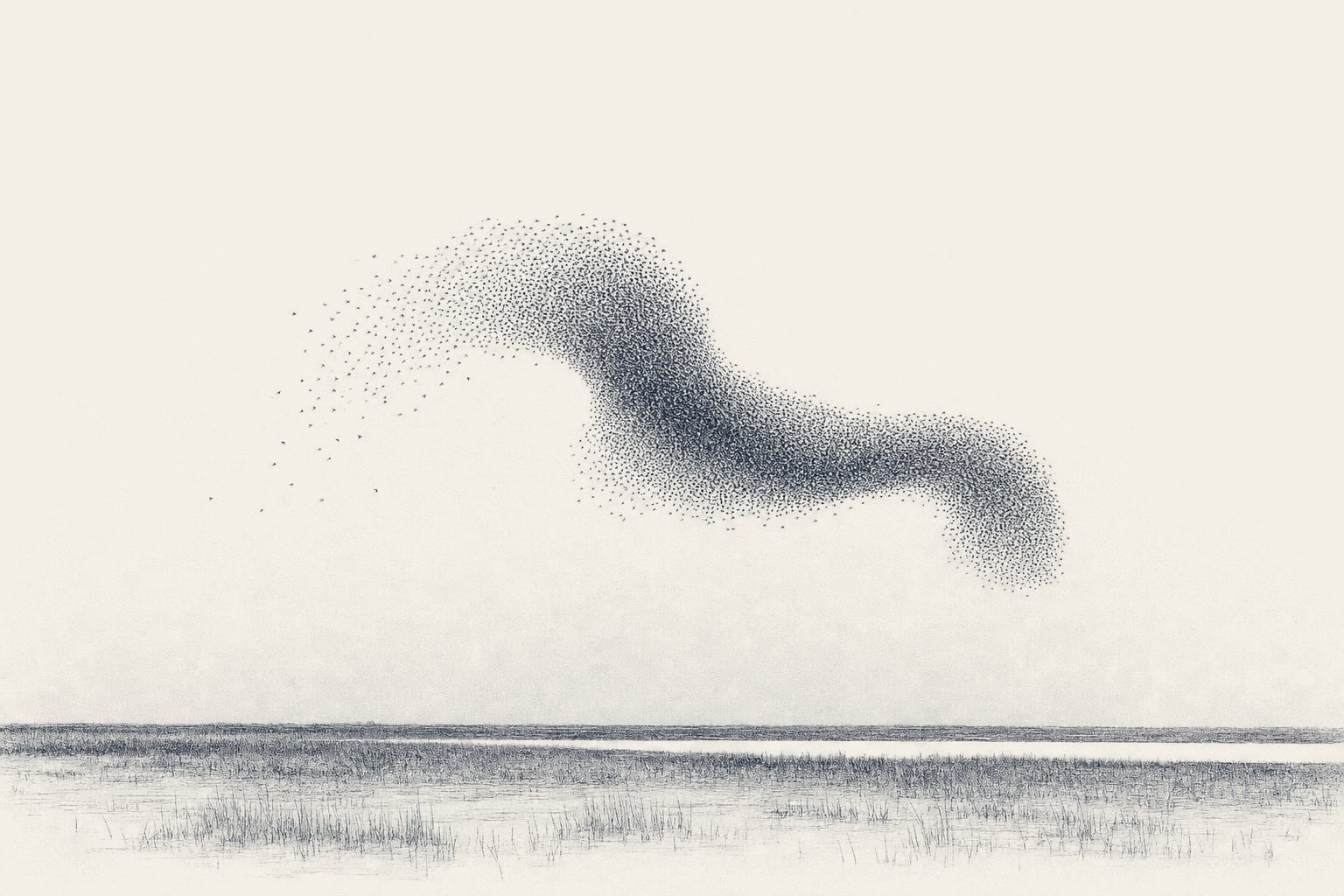 A print of a flock of starlings turning together as one shape over flat marshland.